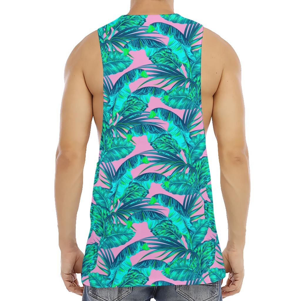 Pink Teal Tropical Leaf Pattern Print Men's Muscle Tank Top