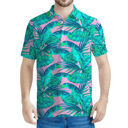 Pink Teal Tropical Leaf Pattern Print Men's Polo Shirt