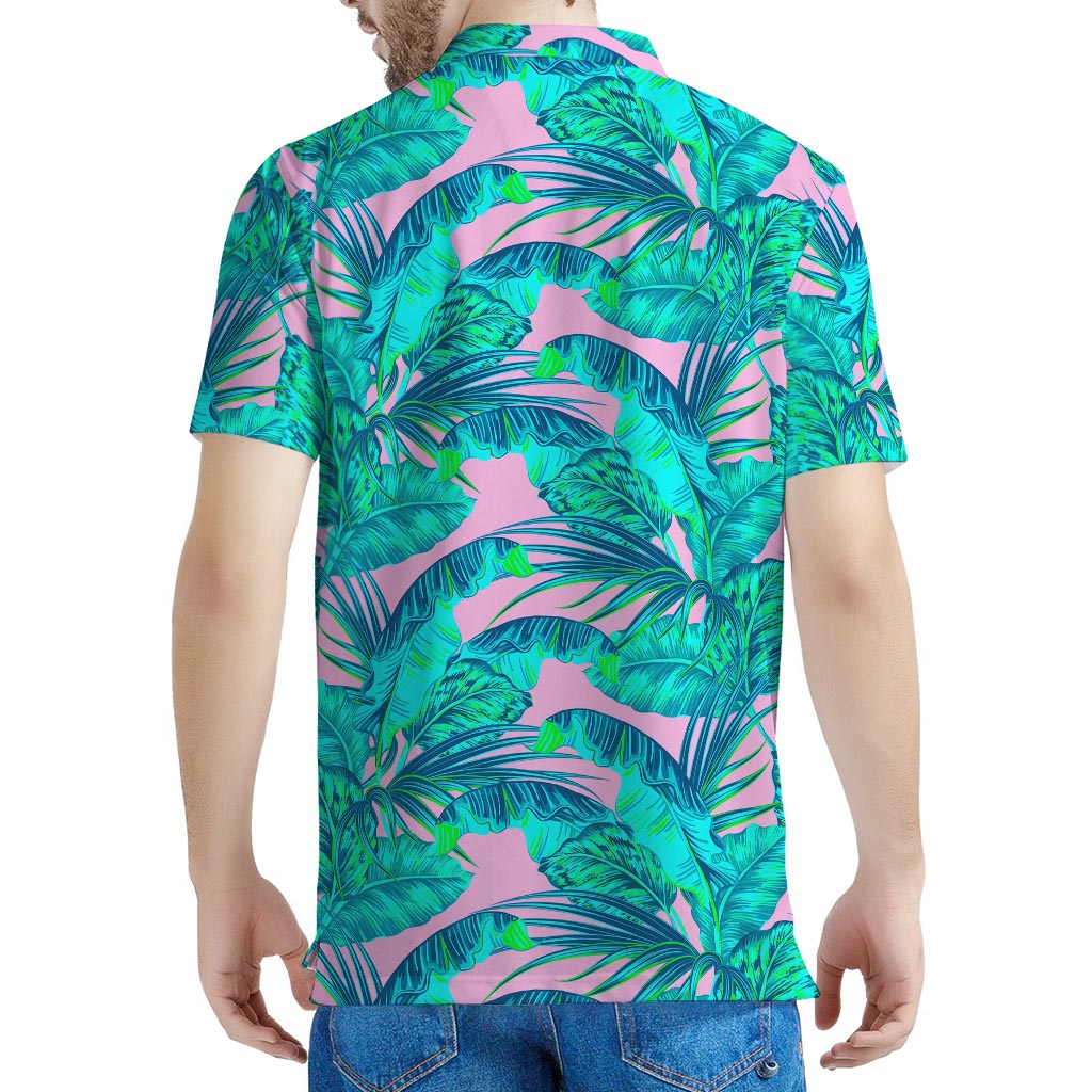 Pink Teal Tropical Leaf Pattern Print Men's Polo Shirt