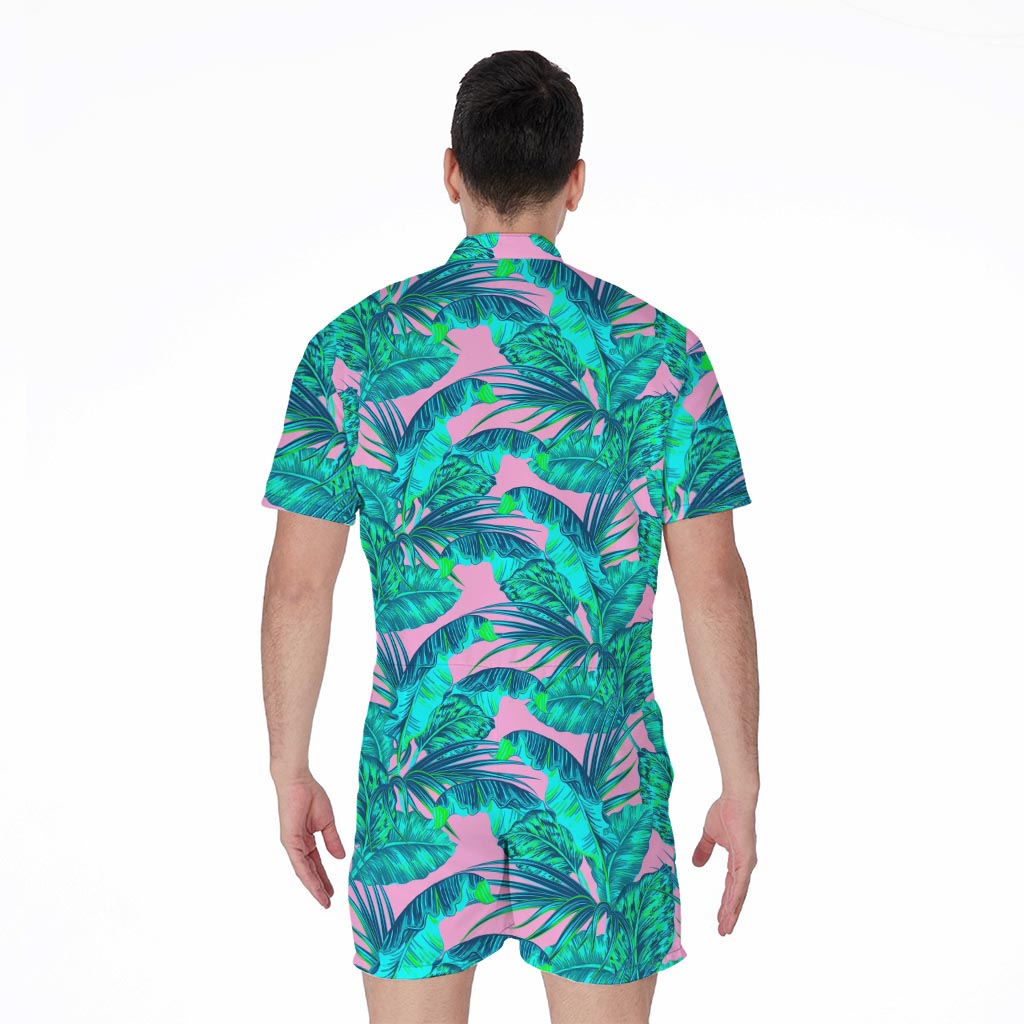 Pink Teal Tropical Leaf Pattern Print Men's Rompers