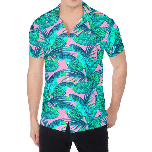Pink Teal Tropical Leaf Pattern Print Men's Shirt