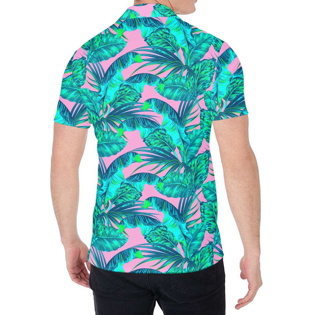 Pink Teal Tropical Leaf Pattern Print Men's Shirt