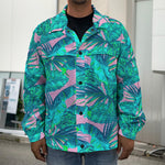 Pink Teal Tropical Leaf Pattern Print Men's Shirt Jacket