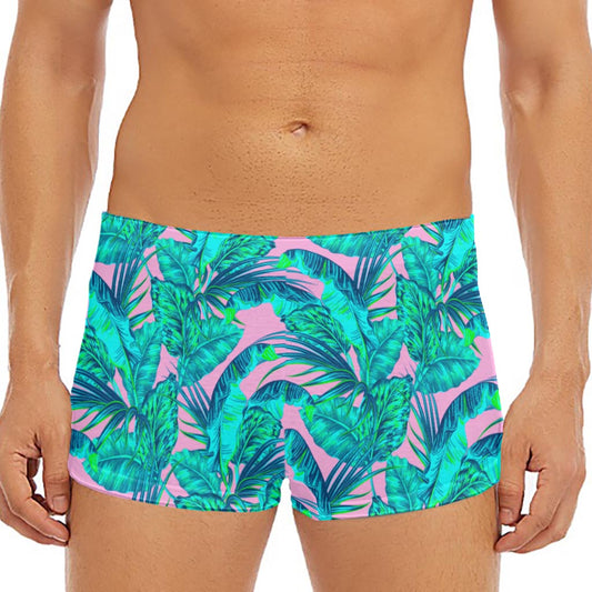 Pink Teal Tropical Leaf Pattern Print Men's Short Boxer Briefs