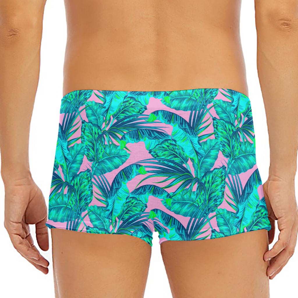 Pink Teal Tropical Leaf Pattern Print Men's Short Boxer Briefs