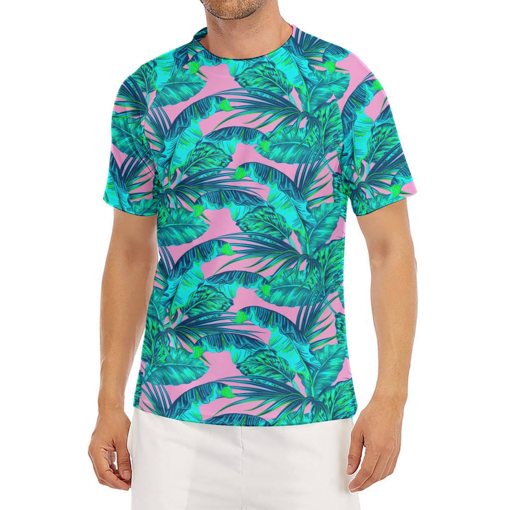 Pink Teal Tropical Leaf Pattern Print Men's Short Sleeve Rash Guard
