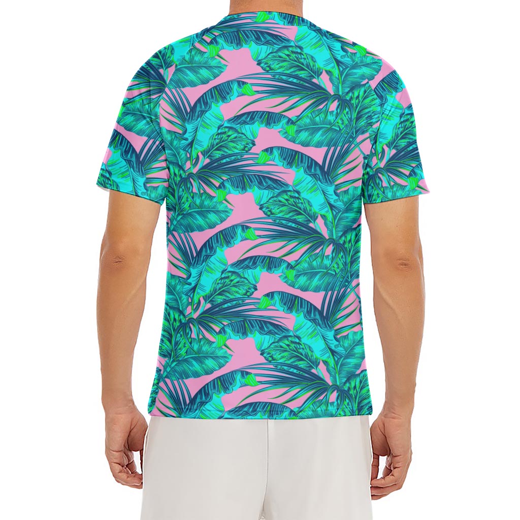 Pink Teal Tropical Leaf Pattern Print Men's Short Sleeve Rash Guard