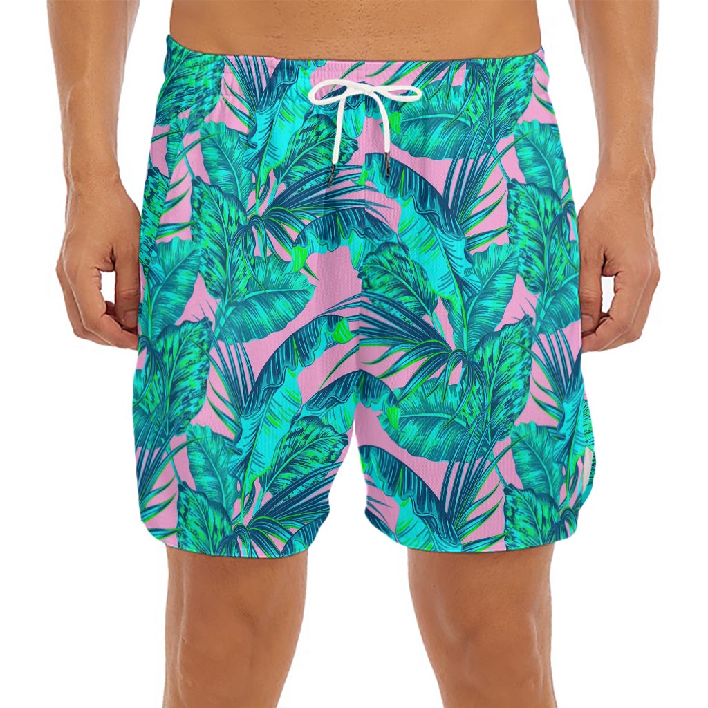 Pink Teal Tropical Leaf Pattern Print Men's Split Running Shorts