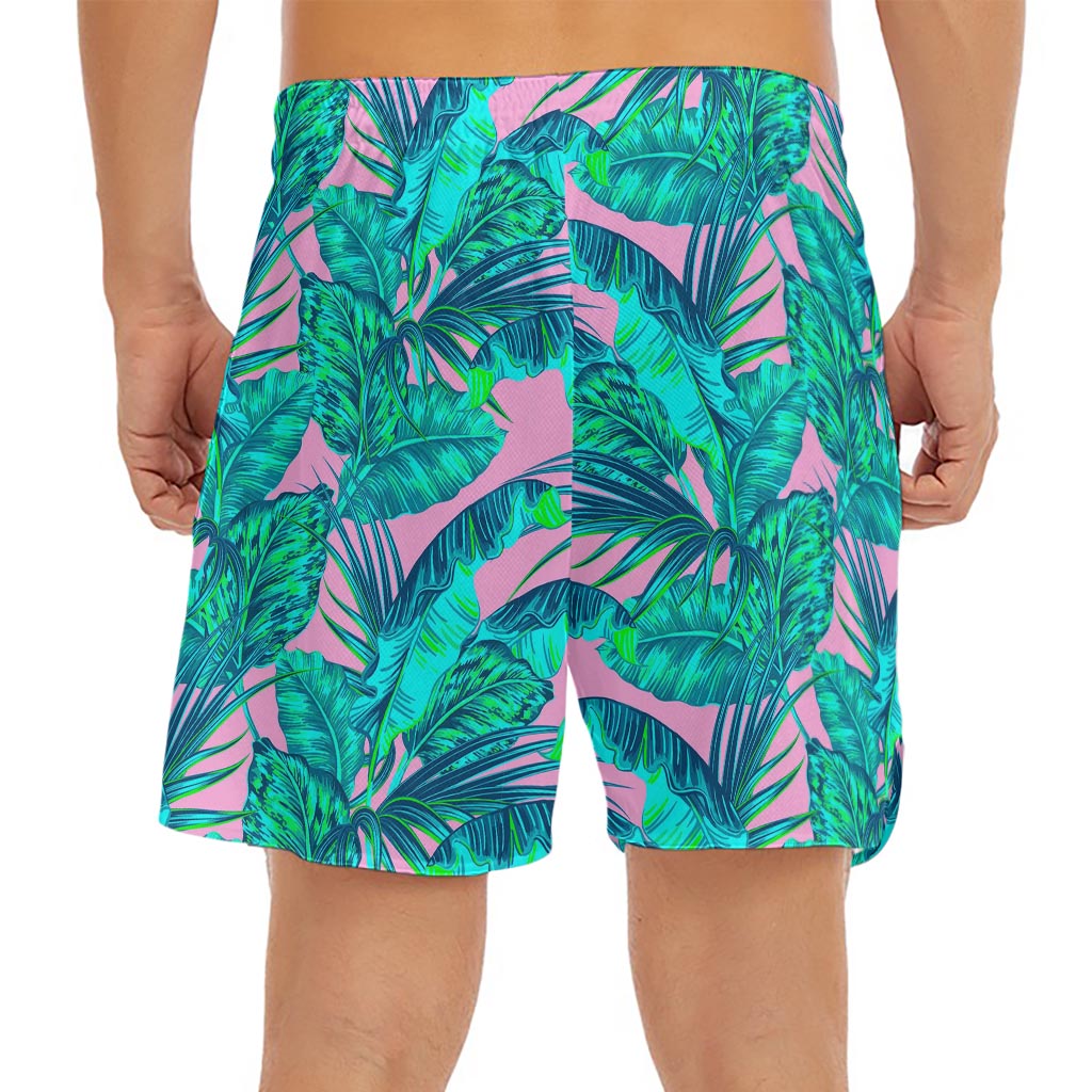 Pink Teal Tropical Leaf Pattern Print Men's Split Running Shorts