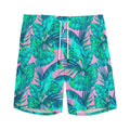 Pink Teal Tropical Leaf Pattern Print Men's Athletic Shorts