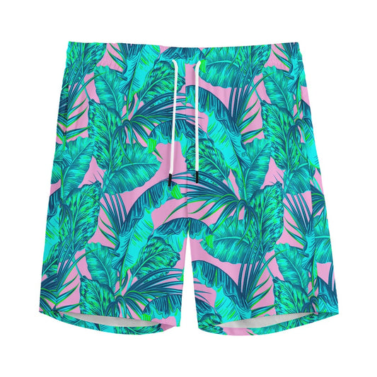 Pink Teal Tropical Leaf Pattern Print Men's Sports Shorts