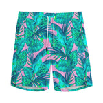 Pink Teal Tropical Leaf Pattern Print Men's Sports Shorts