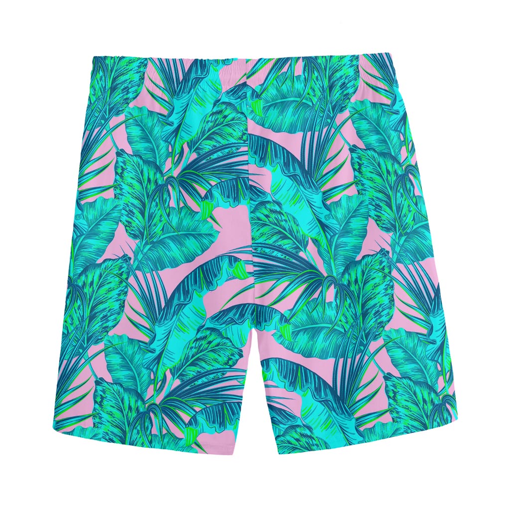Pink Teal Tropical Leaf Pattern Print Men's Sports Shorts