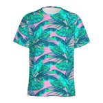 Pink Teal Tropical Leaf Pattern Print Men's Sports T-Shirt