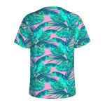 Pink Teal Tropical Leaf Pattern Print Men's Sports T-Shirt