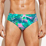 Pink Teal Tropical Leaf Pattern Print Men's Swim Briefs