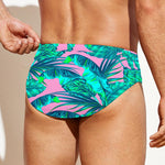 Pink Teal Tropical Leaf Pattern Print Men's Swim Briefs