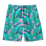 Pink Teal Tropical Leaf Pattern Print Men's Swim Trunks
