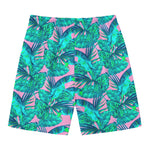 Pink Teal Tropical Leaf Pattern Print Men's Swim Trunks