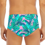 Pink Teal Tropical Leaf Pattern Print Men's Triangle Swim Briefs