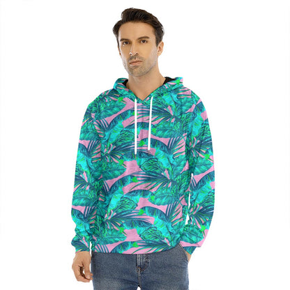 Pink Teal Tropical Leaf Pattern Print Men's Velvet Pullover Hoodie