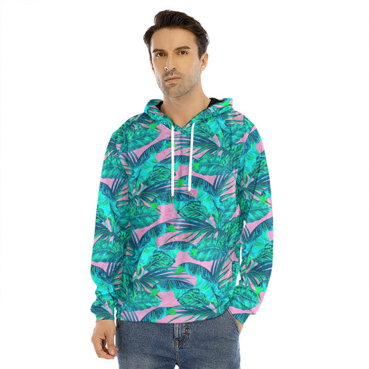 Pink Teal Tropical Leaf Pattern Print Men's Velvet Pullover Hoodie