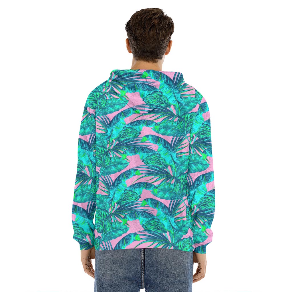 Pink Teal Tropical Leaf Pattern Print Men's Velvet Pullover Hoodie