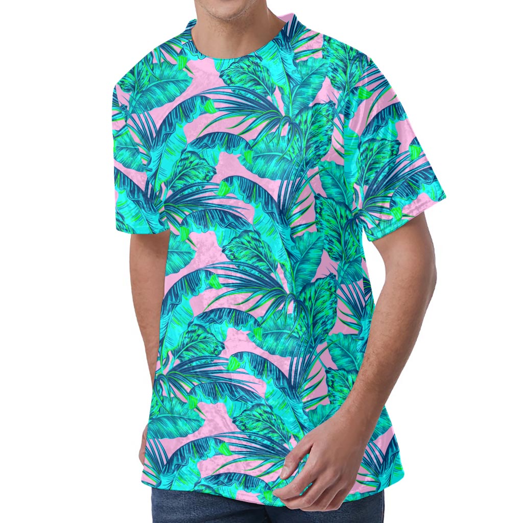 Pink Teal Tropical Leaf Pattern Print Men's Velvet T-Shirt
