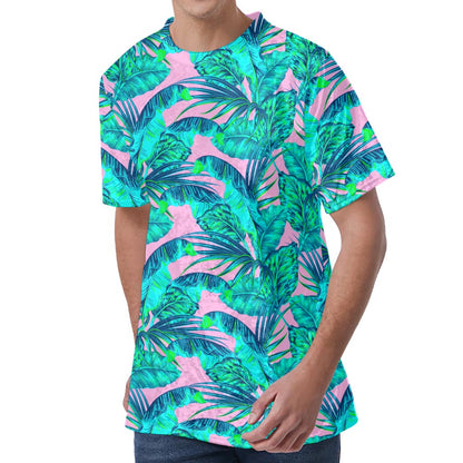 Pink Teal Tropical Leaf Pattern Print Men's Velvet T-Shirt