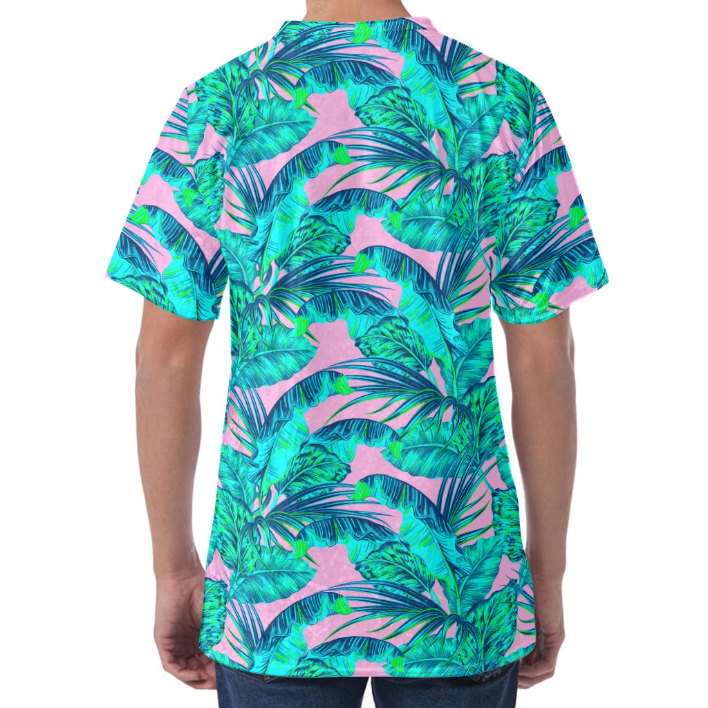 Pink Teal Tropical Leaf Pattern Print Men's Velvet T-Shirt