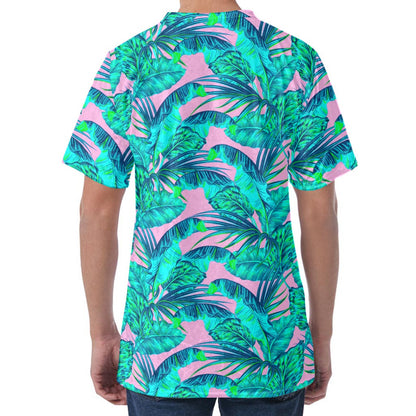 Pink Teal Tropical Leaf Pattern Print Men's Velvet T-Shirt