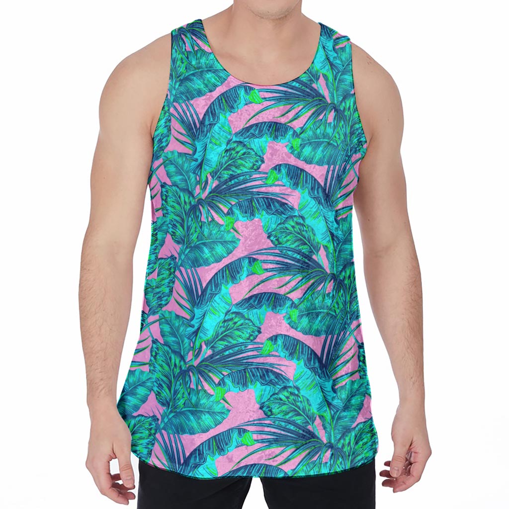 Pink Teal Tropical Leaf Pattern Print Men's Velvet Tank Top