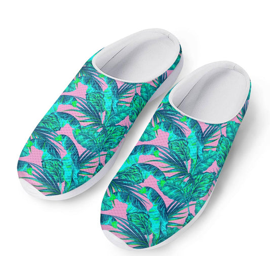 Pink Teal Tropical Leaf Pattern Print Mesh Casual Shoes