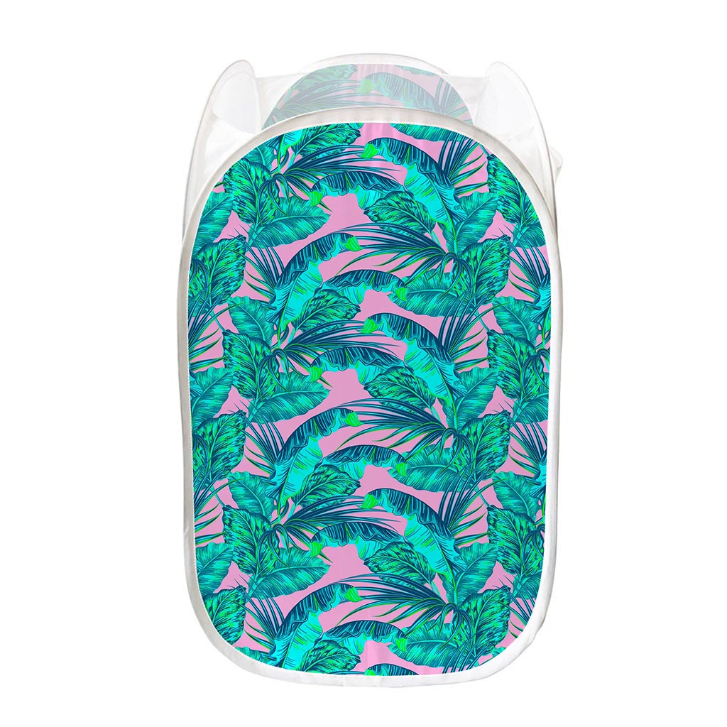 Pink Teal Tropical Leaf Pattern Print Mesh Laundry Hamper