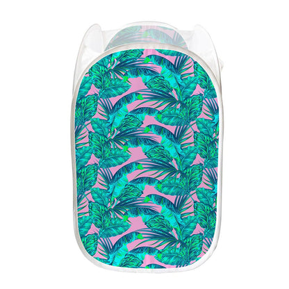 Pink Teal Tropical Leaf Pattern Print Mesh Laundry Hamper