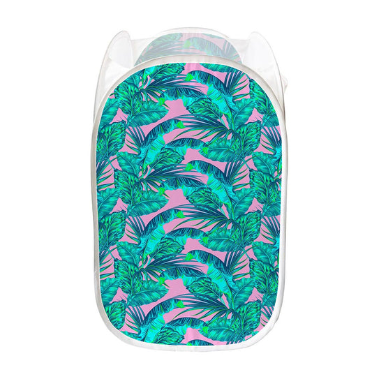 Pink Teal Tropical Leaf Pattern Print Mesh Laundry Hamper