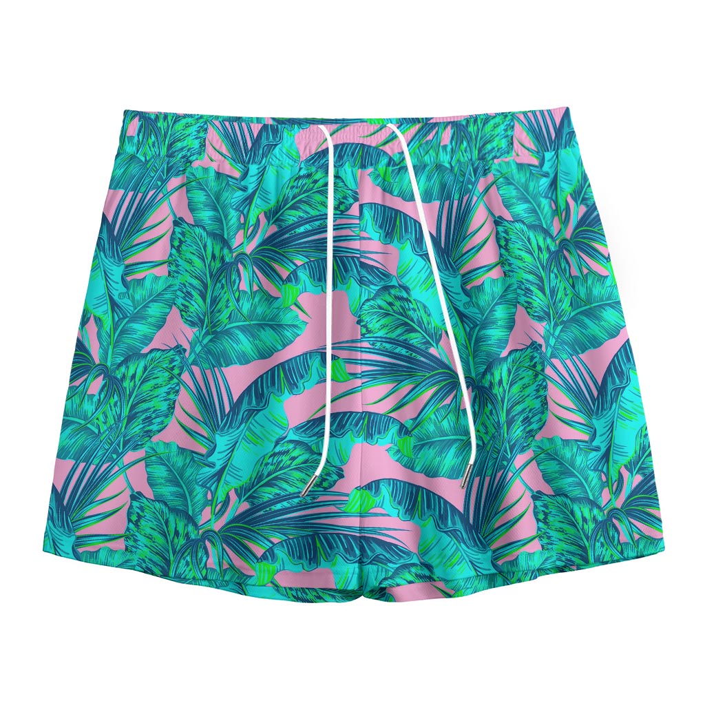 Pink Teal Tropical Leaf Pattern Print Mesh Shorts