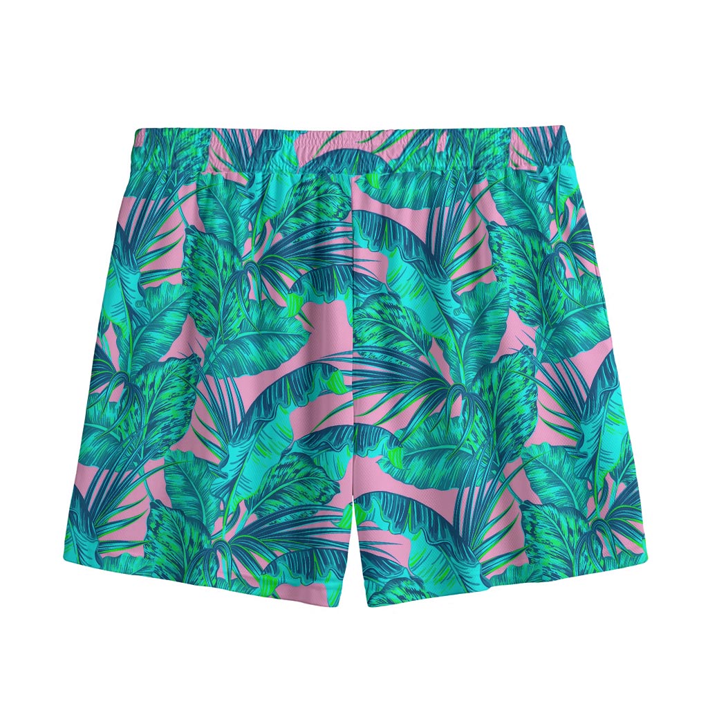 Pink Teal Tropical Leaf Pattern Print Mesh Shorts