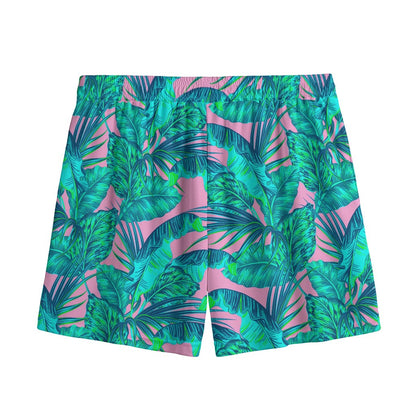 Pink Teal Tropical Leaf Pattern Print Mesh Shorts