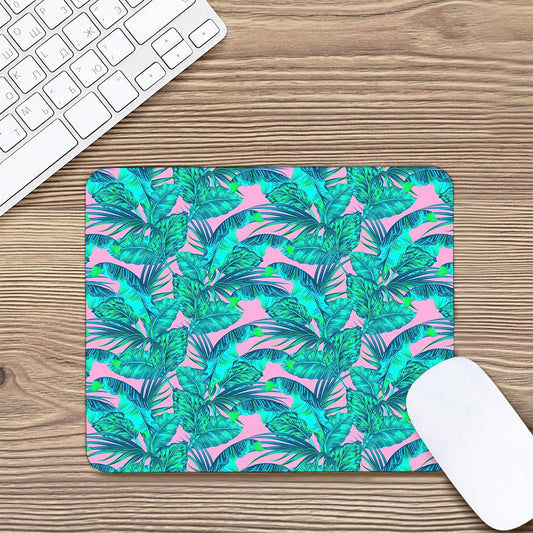 Pink Teal Tropical Leaf Pattern Print Mouse Pad