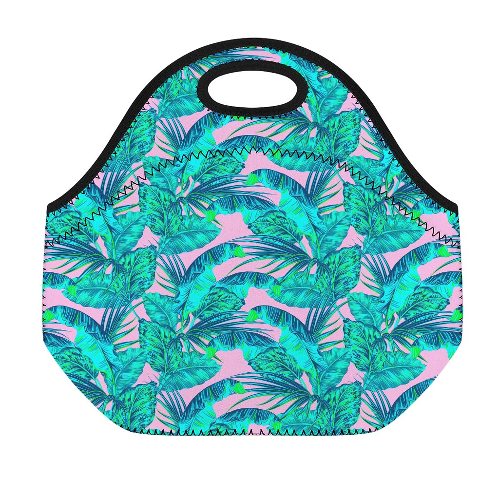 Pink Teal Tropical Leaf Pattern Print Neoprene Lunch Bag