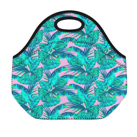 Pink Teal Tropical Leaf Pattern Print Neoprene Lunch Bag
