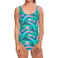 Pink Teal Tropical Leaf Pattern Print One Piece Swimsuit