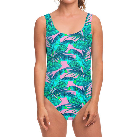 Pink Teal Tropical Leaf Pattern Print One Piece Swimsuit