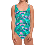 Pink Teal Tropical Leaf Pattern Print One Piece Swimsuit