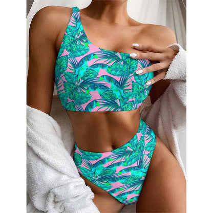 Pink Teal Tropical Leaf Pattern Print One Shoulder Bikini Top