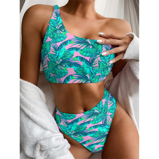 Pink Teal Tropical Leaf Pattern Print One Shoulder Bikini Top