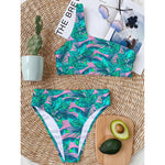 Pink Teal Tropical Leaf Pattern Print One Shoulder Bikini Top