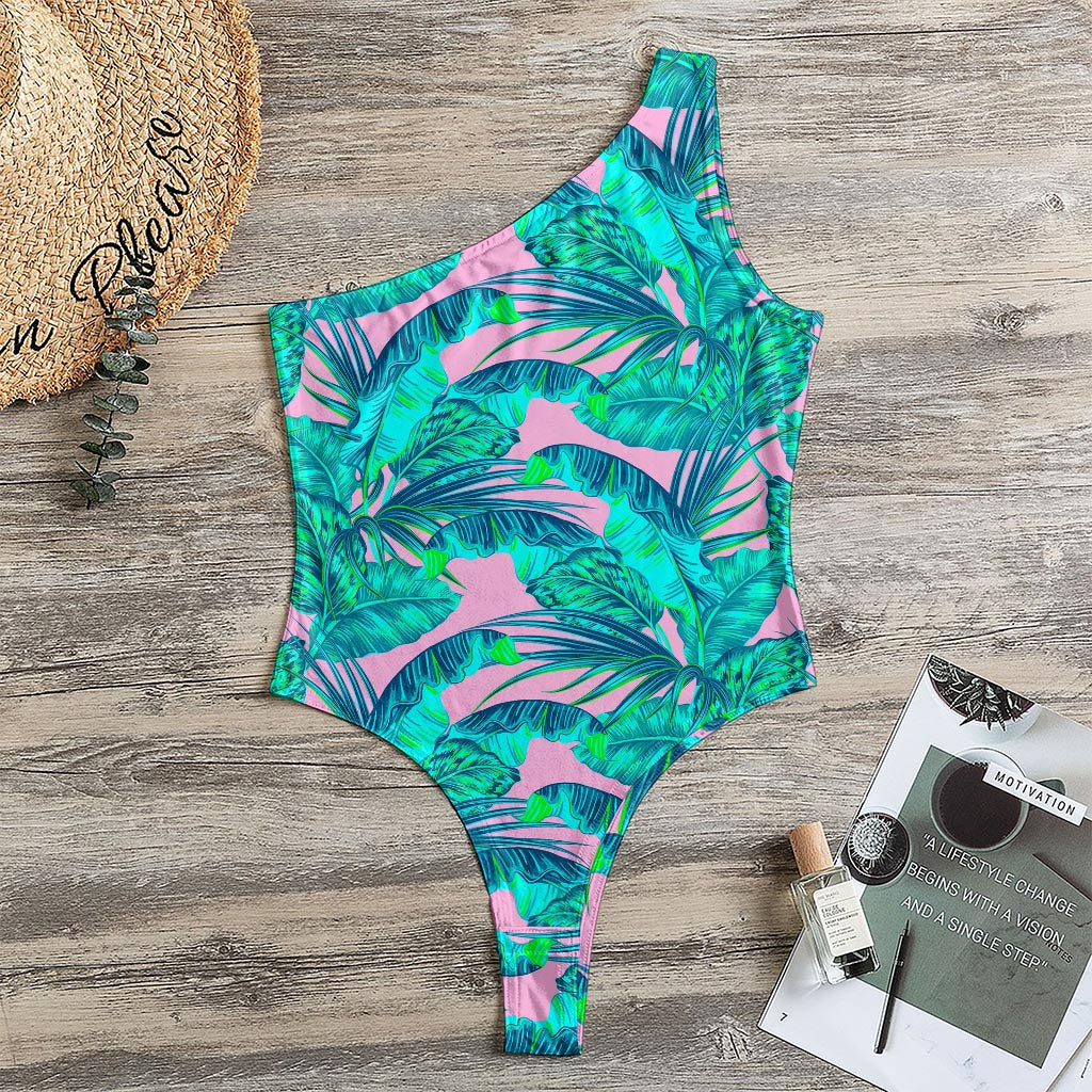Pink Teal Tropical Leaf Pattern Print One Shoulder Bodysuit