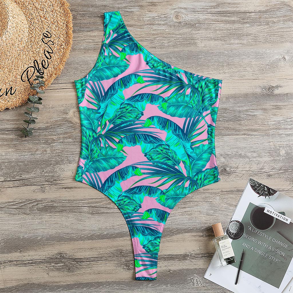 Pink Teal Tropical Leaf Pattern Print One Shoulder Bodysuit